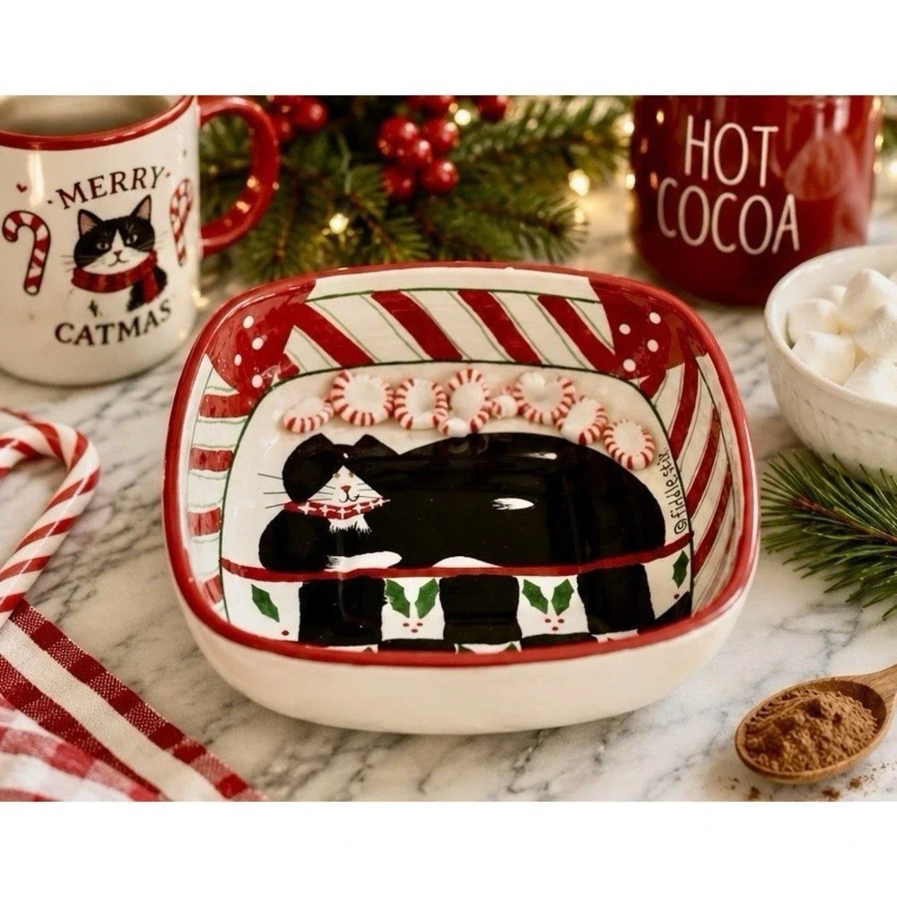 Sakura‎ By Oneida Candy Cane Cat Square Serving Bowl Tuxedo Cat Fiddlesticks 6